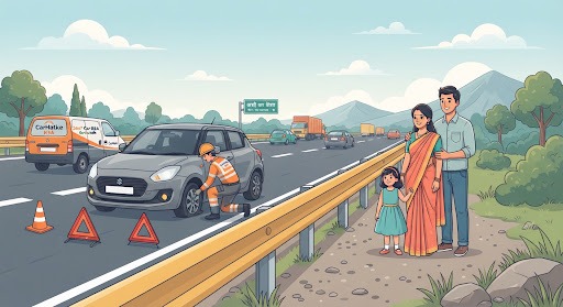 Family waiting safely behind highway crash barrier while roadside patrol technician repairs car