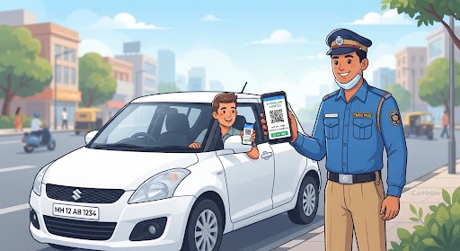 Traffic police officer in uniform verifying e-challan and RC clearance QR code on smartphone with car driver