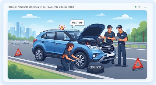 Roadside Assistance technicians changing tyre and jumpstarting battery on highway
